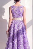 Robe midi fleurie bleue à col rond appliquée avec nœud