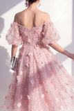 Robe midi fleurie à paillettes à la ligne A décollée des épaules