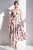 Robe midi fleurie midi froncée à col en V à blush