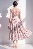 Robe midi fleurie midi froncée à col en V à blush