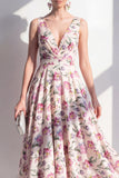 Robe midi fleurie midi froncée à col en V à blush