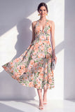 Robe midi à col nu rose en fleurs en ligne A avec nœud