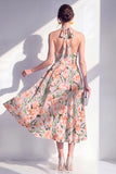 Robe midi à col nu rose en fleurs en ligne A avec nœud