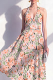 Robe midi à col nu rose en fleurs en ligne A avec nœud