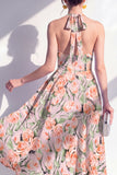 Robe midi à col nu rose en fleurs en ligne A avec nœud