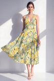 Robe midi à col nu rose en fleurs en ligne A avec nœud