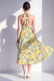 Robe midi à col nu rose en fleurs en ligne A avec nœud