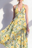 Robe midi à col nu rose en fleurs en ligne A avec nœud