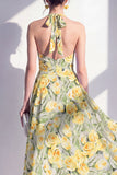Robe midi à col nu rose en fleurs en ligne A avec nœud