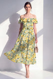 Robe midi rose en ligne A à fleur décollée