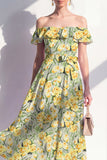 Robe midi rose en ligne A à fleur décollée