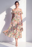 Robe midi rose en ligne A à fleur décollée