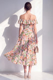 Robe midi rose en ligne A à fleur décollée