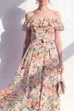 Robe midi rose en ligne A à fleur décollée