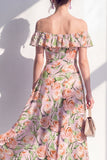 Robe midi rose en ligne A à fleur décollée