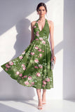 Robe midi fleurie midi en chiffon en mousseline vert foncé à col nu