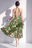 Robe midi fleurie midi en chiffon en mousseline vert foncé à col nu