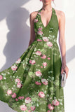 Robe midi fleurie midi en chiffon en mousseline vert foncé à col nu