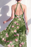 Robe midi fleurie midi en chiffon en mousseline vert foncé à col nu