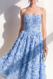 Robe midi fleurie appliquée bleu bretellé A-Line
