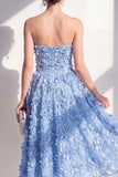 Robe midi fleurie appliquée bleu bretellé A-Line