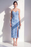 Robe midi à bretelles fines à anneau bleu appliquée à fentes