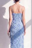 Robe midi à bretelles fines à anneau bleu appliquée à fentes