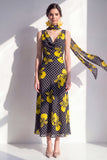 Robe midi en chiffon en V à col en V en fleur jaune noire avec écharpe à col