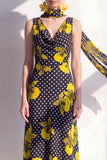 Robe midi en chiffon en V à col en V en fleur jaune noire avec écharpe à col