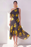 Robe midi en mousseline en mousseline à fleurs noires jaunes