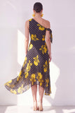 Robe midi en mousseline en mousseline à fleurs noires jaunes