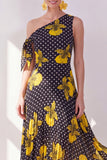 Robe midi en mousseline en mousseline à fleurs noires jaunes