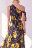 Robe midi en mousseline en mousseline à fleurs noires jaunes