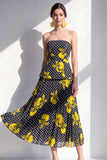Robe Midi en chiffon en mousseline noire jaune fleur sans bretelles