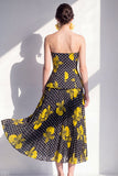 Robe Midi en chiffon en mousseline noire jaune fleur sans bretelles