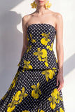Robe Midi en chiffon en mousseline noire jaune fleur sans bretelles