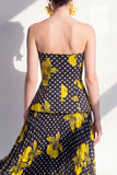 Robe Midi en chiffon en mousseline noire jaune fleur sans bretelles