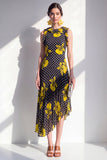Robe Midi en chiffon asymétrique en mousseline fleur jaune noire