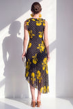 Robe Midi en chiffon asymétrique en mousseline fleur jaune noire