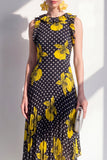 Robe Midi en chiffon asymétrique en mousseline fleur jaune noire