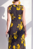 Robe Midi en chiffon asymétrique en mousseline fleur jaune noire