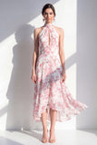 Robe Midi à col halter en mousseline rose fleur rose en mousseline