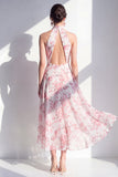 Robe Midi à col halter en mousseline rose fleur rose en mousseline
