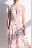Robe Midi à col halter en mousseline rose fleur rose en mousseline