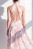 Robe Midi à col halter en mousseline rose fleur rose en mousseline