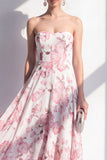 Robe midi sans bretelles en chiffon rose en ligne A