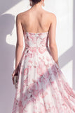 Robe midi sans bretelles en chiffon rose en ligne A