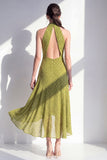 Robe midi midi olive ligne A à col nu en chiffon
