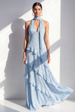 Robe Maxi en mousseline jaune à col nu et volants