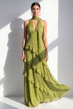 Robe Maxi en mousseline jaune à col nu et volants